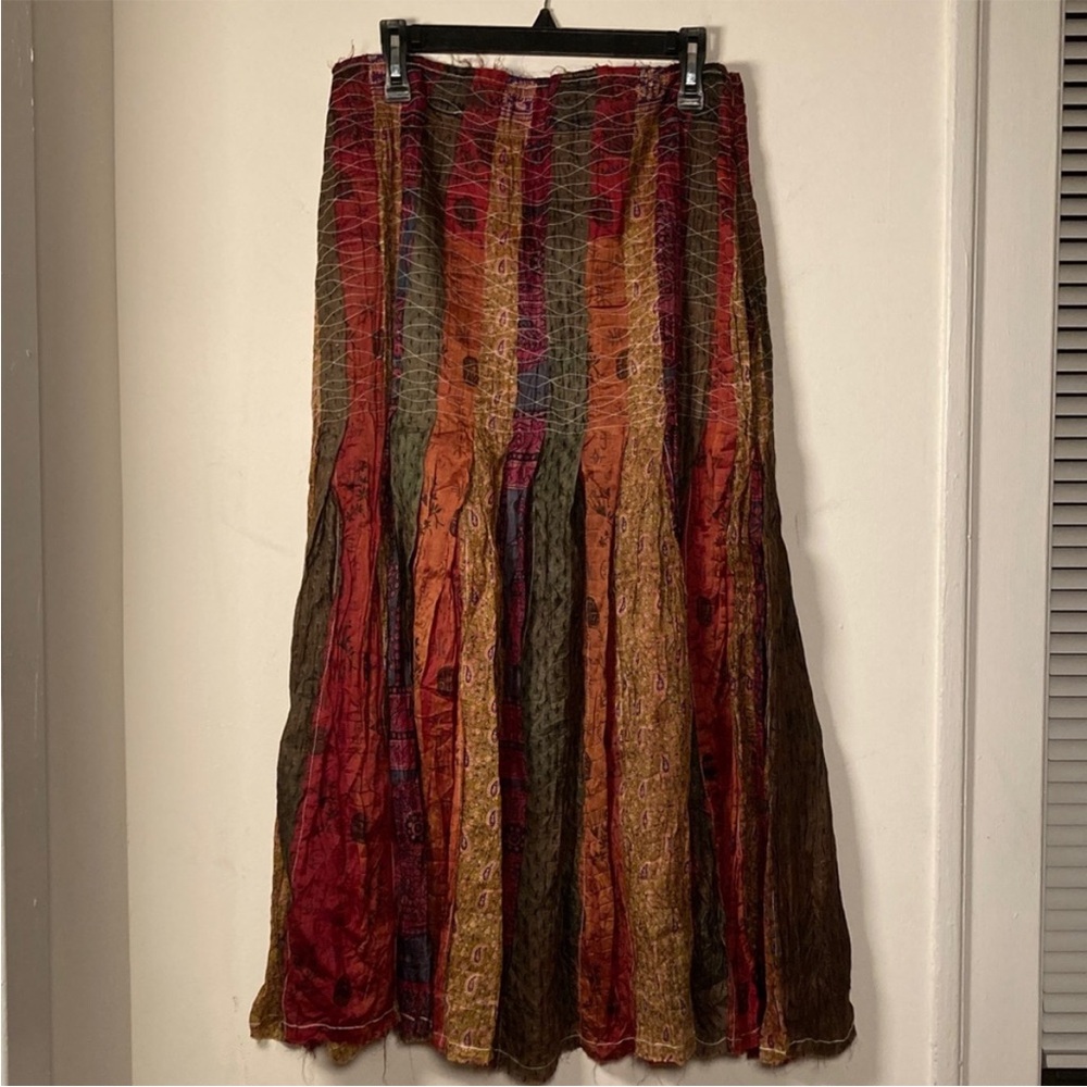 VTG Chan Luu Womens Silk Patchwork Embroidery Maxi Skirt Sz M Jewel Tone Artsian